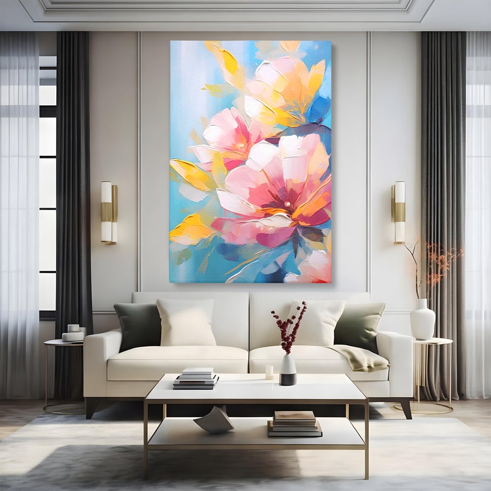 Tablou canvas cu tablou canvas cu flori roz, fara rama, pe sasiu de lemn, pe perete intr-un living
